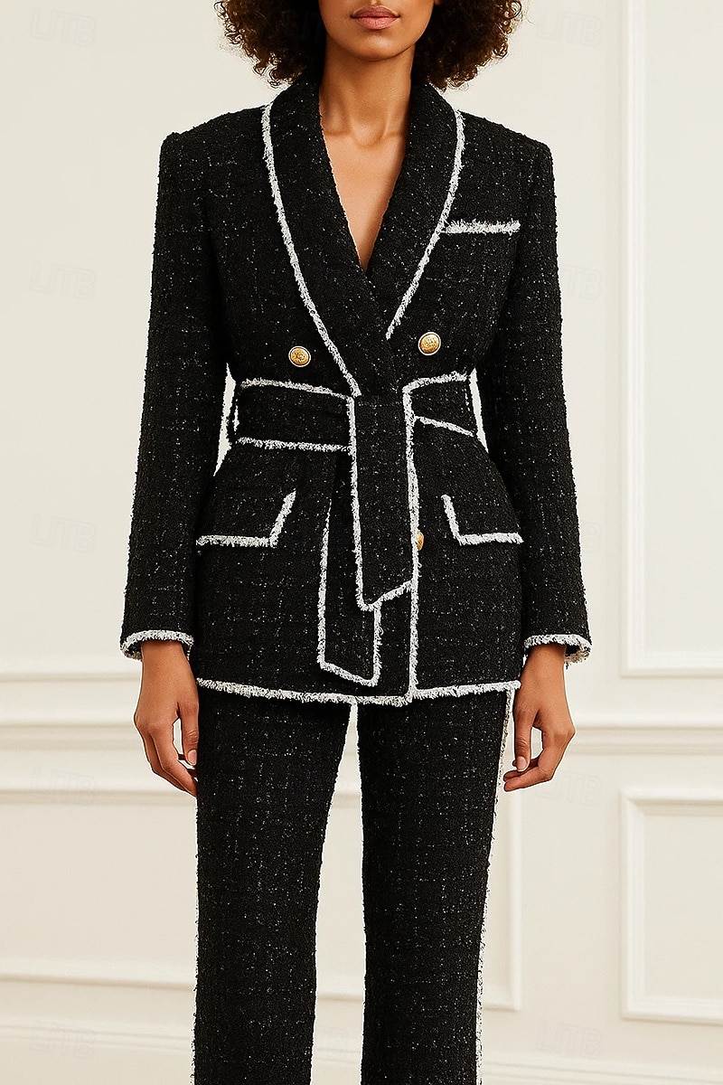 2025年 女性用ツイードブレザー、メタルボタン、スポーツコート、フォーマル、結婚式ゲスト用、ツイード、エレガント、長袖、ショールラペル、ダブルブレスト  コレクション – $129.99 –P1