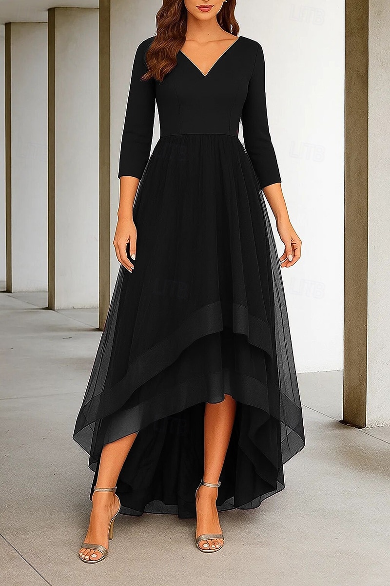 High-Low-Kleid Brautkleider A-Linie V-Ausschnitt 3/4-Ärmel Teelänge Stretchstoff Brautkleider mit Rüschen 2025 2025 - $144.99 –P1