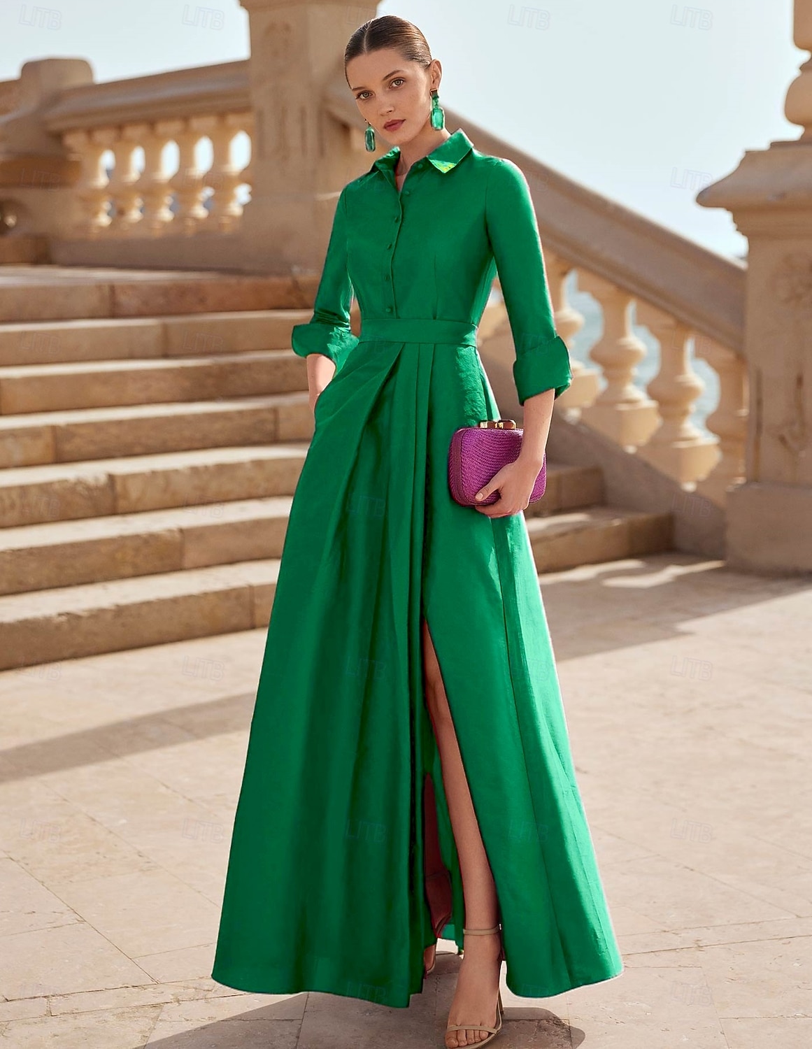 A-Line Floor Length Shirt Dress Formal Dress Evening Gown Long Sleeve Shirt Collar Elegant Formal Satin Mother of the Bride Dress with Slit 2025 - $159.99 –P5