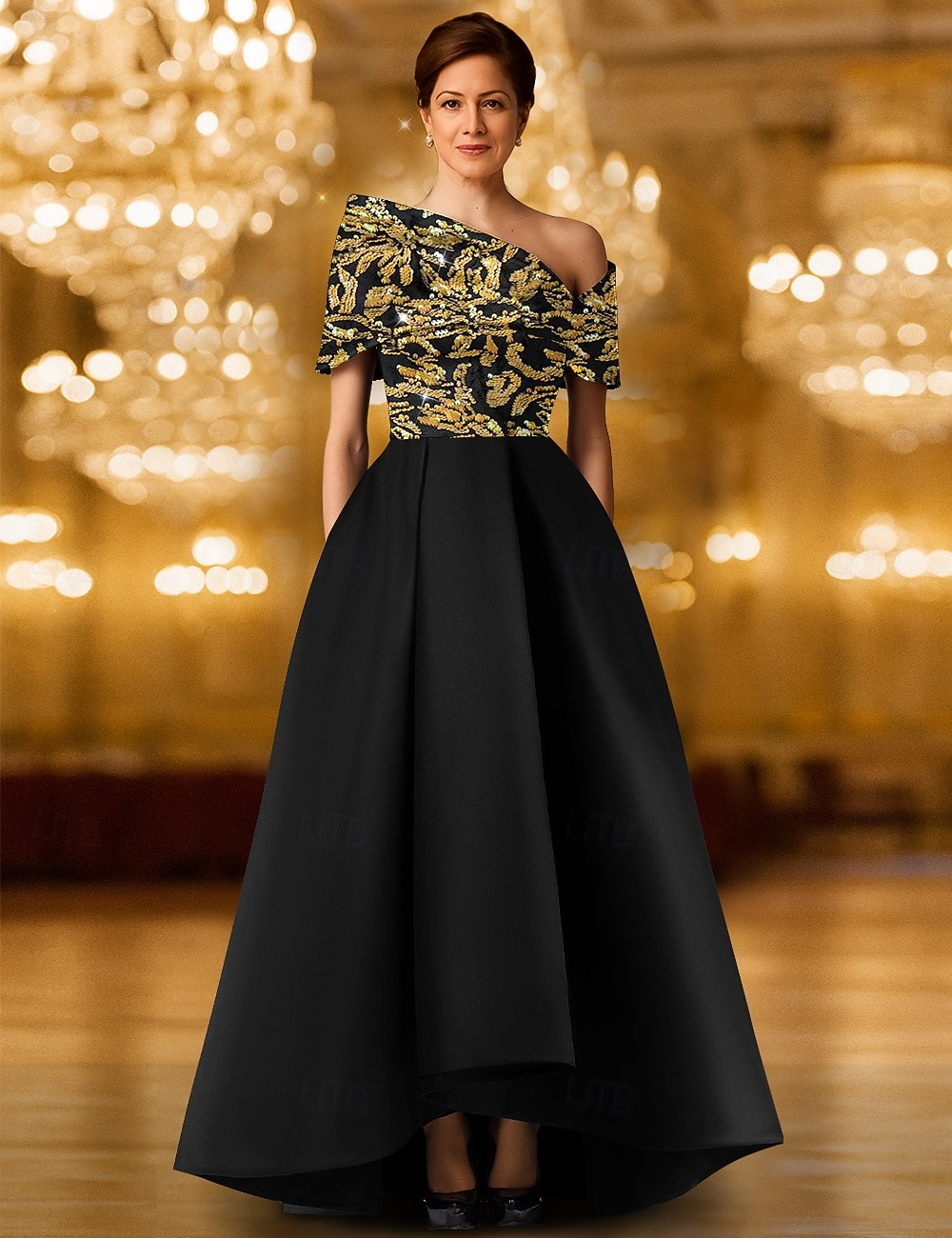 Vestido de noite preto dourado com lantejoulas evasê, elegante vestido formal para casamento formal, comprimento até o chão, um ombro só, bolso, cetim com glitter, bordado, xale 2025 de 2025 por $149.99 –P1