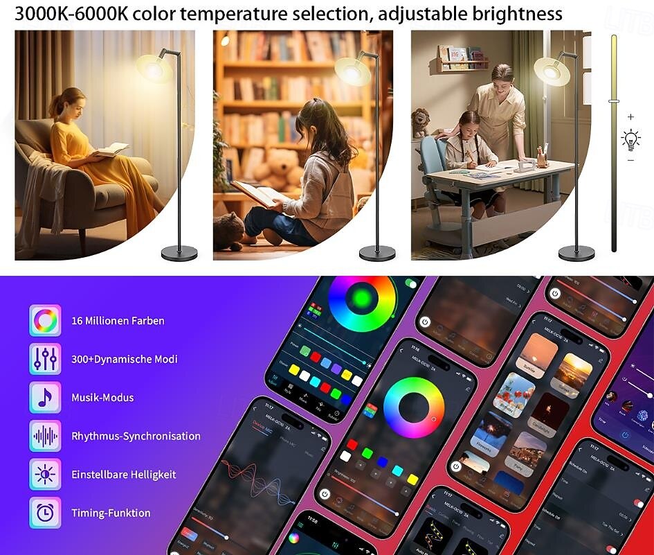 Lámpara de pie RGB para sala de estar, lámpara de pie inteligente con control remoto de aplicación para dormitorio, oficina y lectura. 2025 - $54.99 –P6