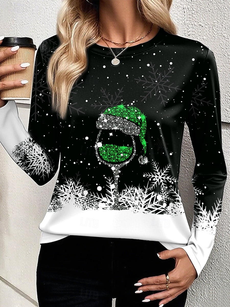 2025年 クリスマス 女性用 Tシャツ グラフィック スノーフレーク柄 ワイングラス ファッション カジュアル 長袖 クルーネック ラウンドネック レギュラートップス 日常 週末 プリント ルビーレッド ブルー パープル グリーン 夏 春 秋 冬  コレクション – $26.99 –P4