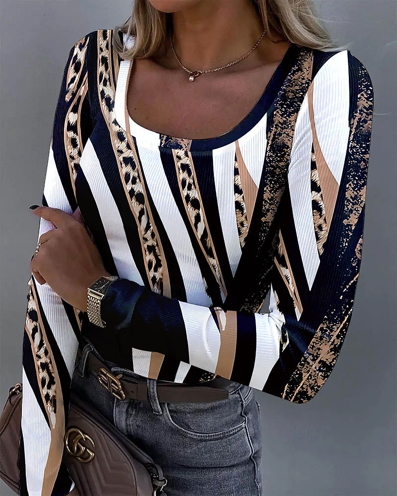 Dames Tuniek Afdrukken Grafisch Luipaard Abstract Vintage Modieus Stijlvol Lange mouw Vierkante hals Normale tops Dagelijks blauw Paars Groen Khaki Lente Herfst 2026 - $26.99 –P1