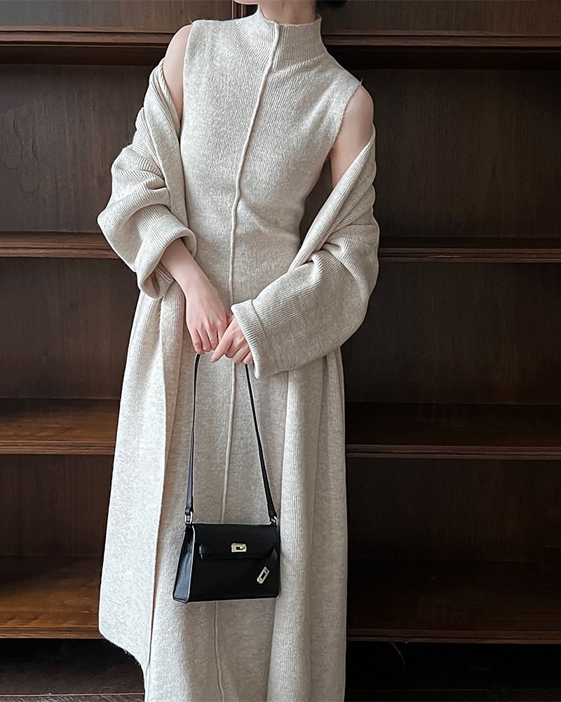 Women's Long Dress Maxi Dress Knit Dress Casual Dress Dress Set Elegant Fashion Modern Outdoor Daily Going out Regular Fit Plain Long Sleeve Stand Collar Beige Winter Autumn 2025 - $56.99 –P2