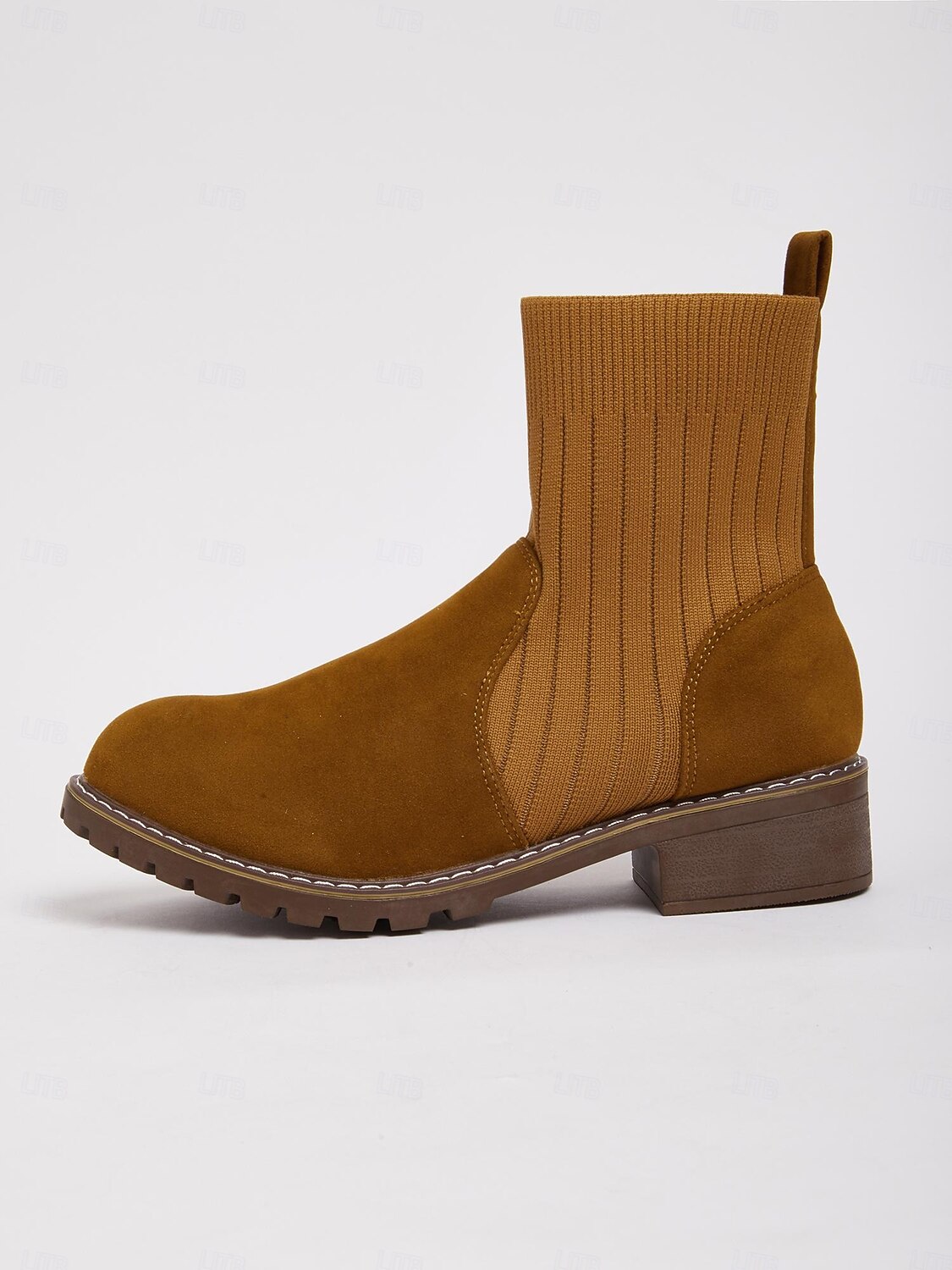 Bottines en similicuir marron clair pour femme avec tige en tricot côtelé – bottines Chelsea confortables pour l'automne et l'hiver, idéales pour les tenues décontractées de 2025 ? $32.99 –P3