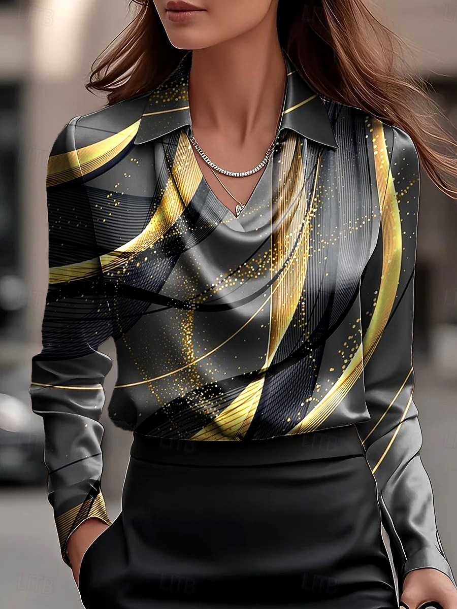 Mujer Camisa Frunce En Cortina Ombre Graphic Geométrico Elegante Básico Casual Manga Larga Cuello vuelto holgado Tops regulares Diario Trabajo Ropa de fiesta de noche En blanco y negro Negro y gris 2026 - $32.99 –P3