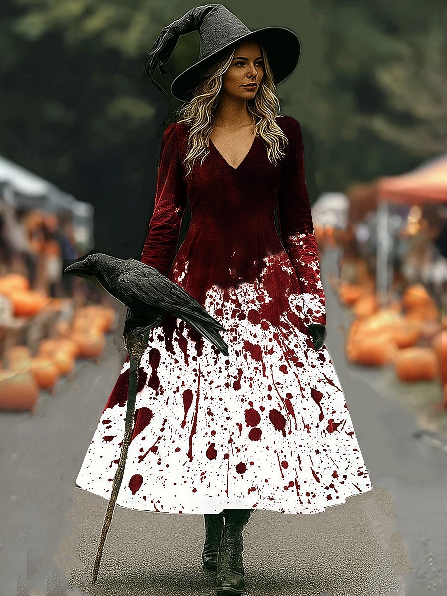 Halloween Women's Midi Dress A Line Dress Vacation Casual Boho Beach Regular Fit Graphic Abstract Long Sleeve V Neck White Dark Red Wine Brown Spring Fall Winter 2025 - $33.99 –P1