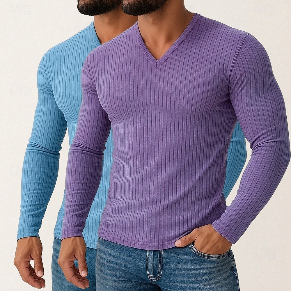 Homme T-shirt Débardeur Musclé T-shirt en tricot côtelé Chemise à Manches Longues manche longue Col en V Printemps Automne Hiver Uni Bande de Fosse Mode Designer Basique 2 pièces Tricot Pack multiple de 2026 ? $31.99 –P5