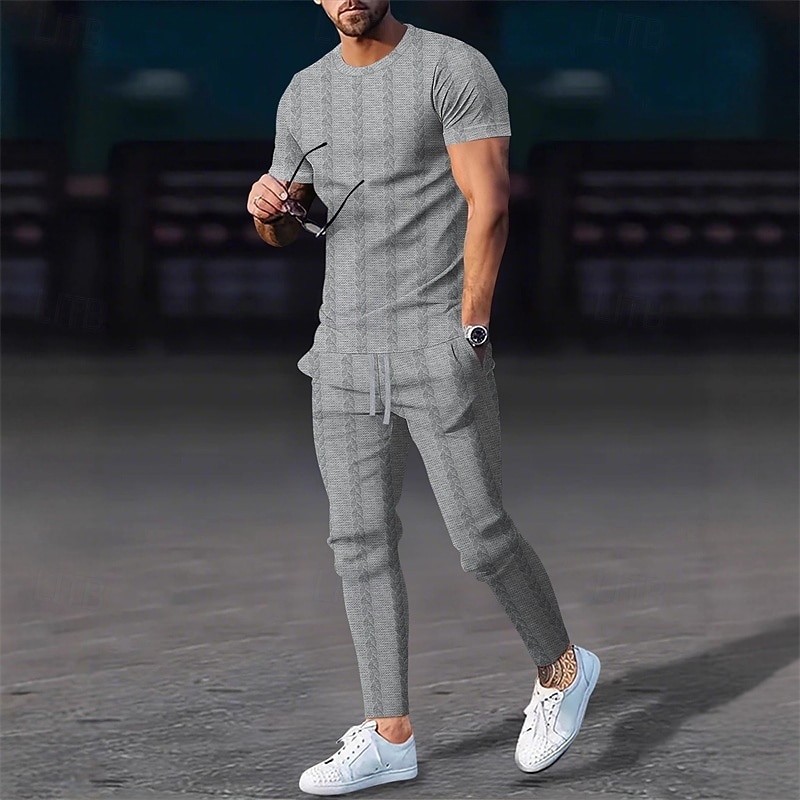 Bărbați Costume de tricou Seturi de cămașă și pantaloni tinute 2 piese Manșon scurt Crewneck Vară Primăvară Simplu Modă Casual Jacquard 2 bucăți Vacanță Purtare Zilnică Ieșire Negru Alb Kaki Top 2026 - $34.99 –P7