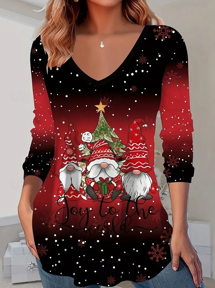Χριστουγεννιάτικες Γυναικείες Φανέλες Γραφικά Vintage Στυλάτη Κλασική Μακριά Μανίκια V Λαιμόκοψη Κανονικά Tops Καθημερινά Εκτύπωση Λευκό  Μαύρο Μαύρο+Λευκό+Κόκκινο Μαύρο Κρασί Κόκκινο Άνοιξη 2026 - $28.99 –P3