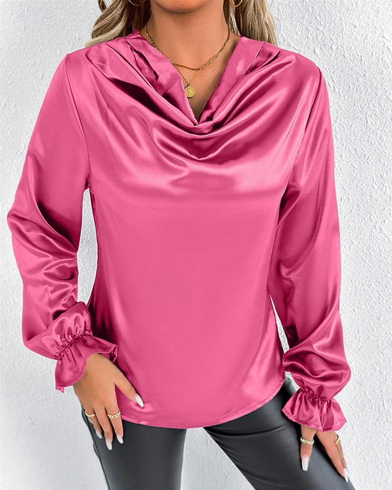 Жен. Рубашка Elegant Нарядный Атласный верх Драпировка Сплошной цвет Стиль На каждый день Длинный рукав Вырез-хомут Обычные топы Повседневные На выход Черный Розовый Зеленый Абрикосовый Весна Осень 2026 - $27.99 –P17