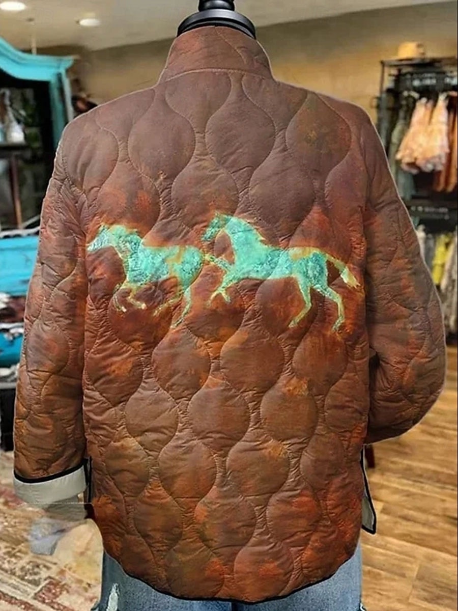 Women's Winter Jacket Quilted Jacket Warm Lightweight Buttons Print Active Vintage Artistic Casual Animal Casual Regular Stand Collar Regular Fit Long Sleeve Outerwear Coffee Fall Winter 2025 - $47.99 –P2