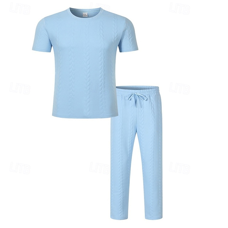 Bărbați Costume de tricou Seturi de cămașă și pantaloni tinute 2 piese Manșon scurt Crewneck Vară Primăvară Simplu Modă Casual Jacquard 2 bucăți Vacanță Purtare Zilnică Ieșire Negru Alb Kaki Top 2026 - $34.99 –P14