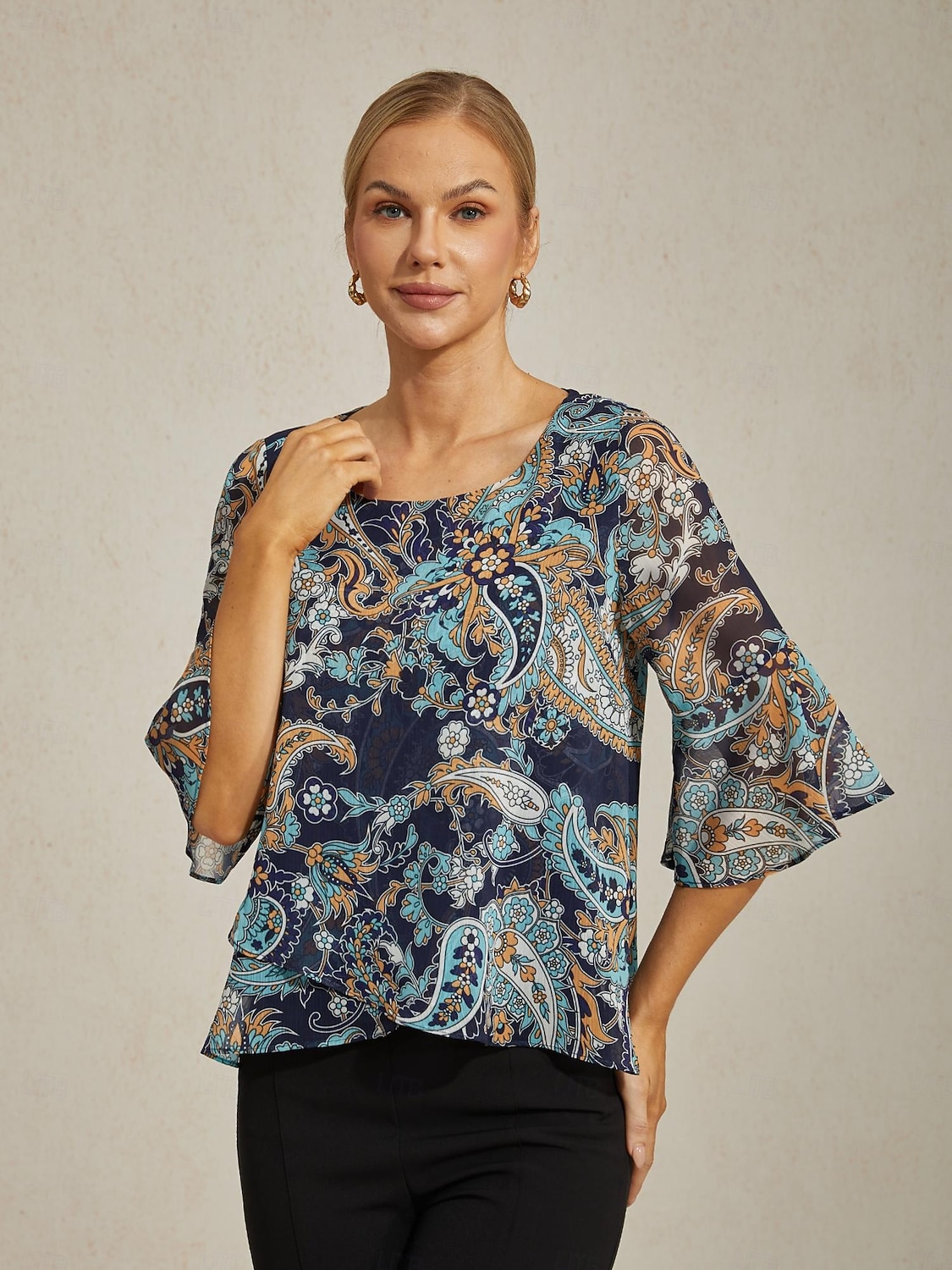 Dame Paisly Avslappet Blå Paisley 3/4 Erme Elegant Fritid hverdag Crew-hals Rund Sommer Vår Høst 2026 - $67.99 –P6