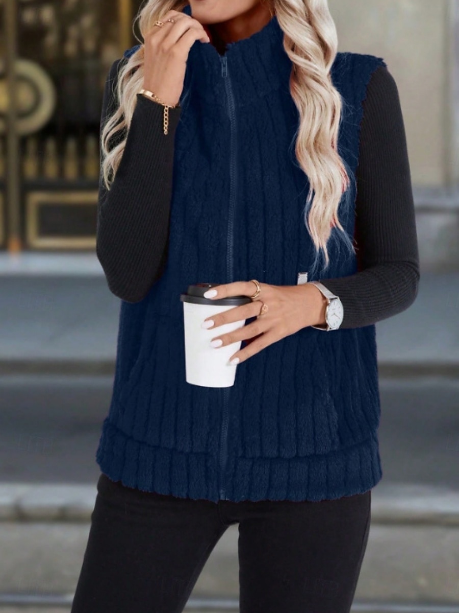 2025年 女性用 フリースベスト 快適 高通気性 ジッパー カジュアル 平織り バケーション ストリート カジュアル デイリーウェア ジッパ－ ショート 折襟 レギュラー ノースリーブ アウターウェア ブラック ルビーレッド ブルー 春 秋  コレクション – $25.99 –P15