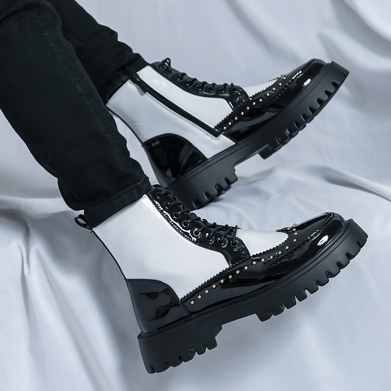 Bottes montantes punk en cuir verni PU pour homme | Détails cloutés et semelle épaisse pour un style urbain de 2025 ? $54.99 –P2