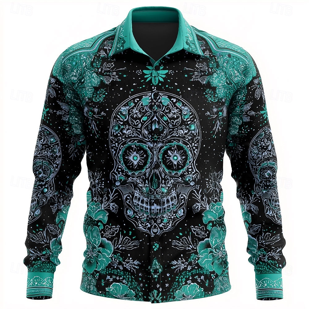 Per uomo Teschio Giorno dei Morti Fiore / Floreale Camicia Camicia con Bottoni Manica Lunga Gotico punk oscuro All'aperto Ferie Estate Primavera Collo ripiegato Stampa 3D camicie con colletto Blu del 2026 a $27.99 –P2
