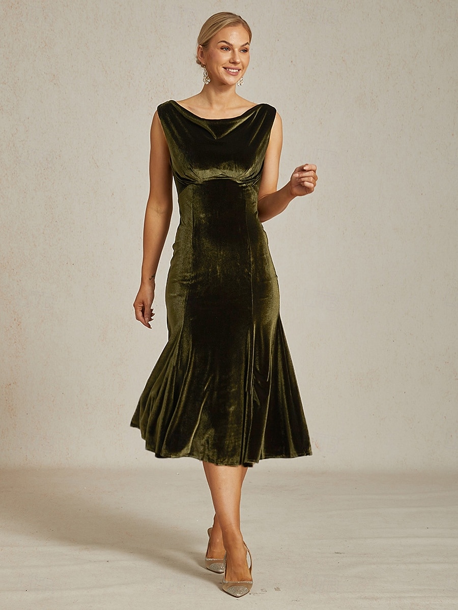 Women's Midi Dress Trumpet Mermaid Dress Elegant Party Wedding Guest Cocktail Party Regular Fit Solid Color Sleeveless Cowl Neck Olive 2026 - $99.99 –P6