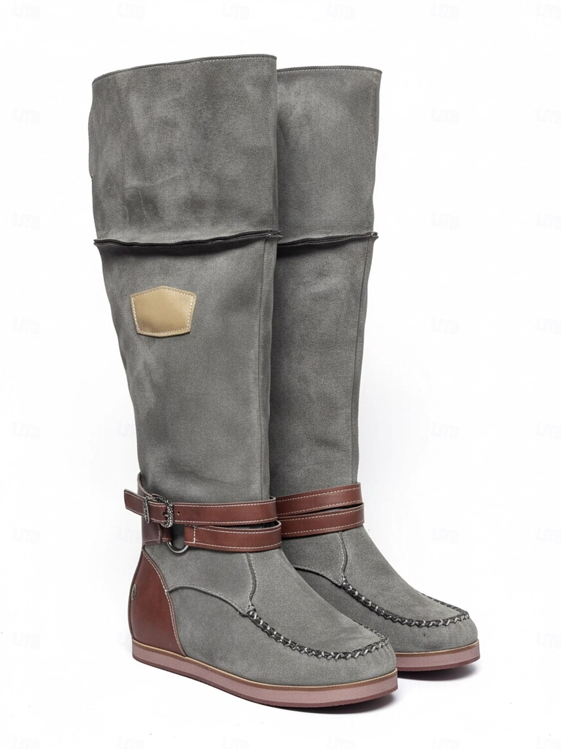 Kniehohe Stiefel aus Wildleder für Damen mit Keilabsatz und Schnallenriemen - Freizeitstiefel im Bohème-Stil in Jeansblau 2026 - $59.99 –P1