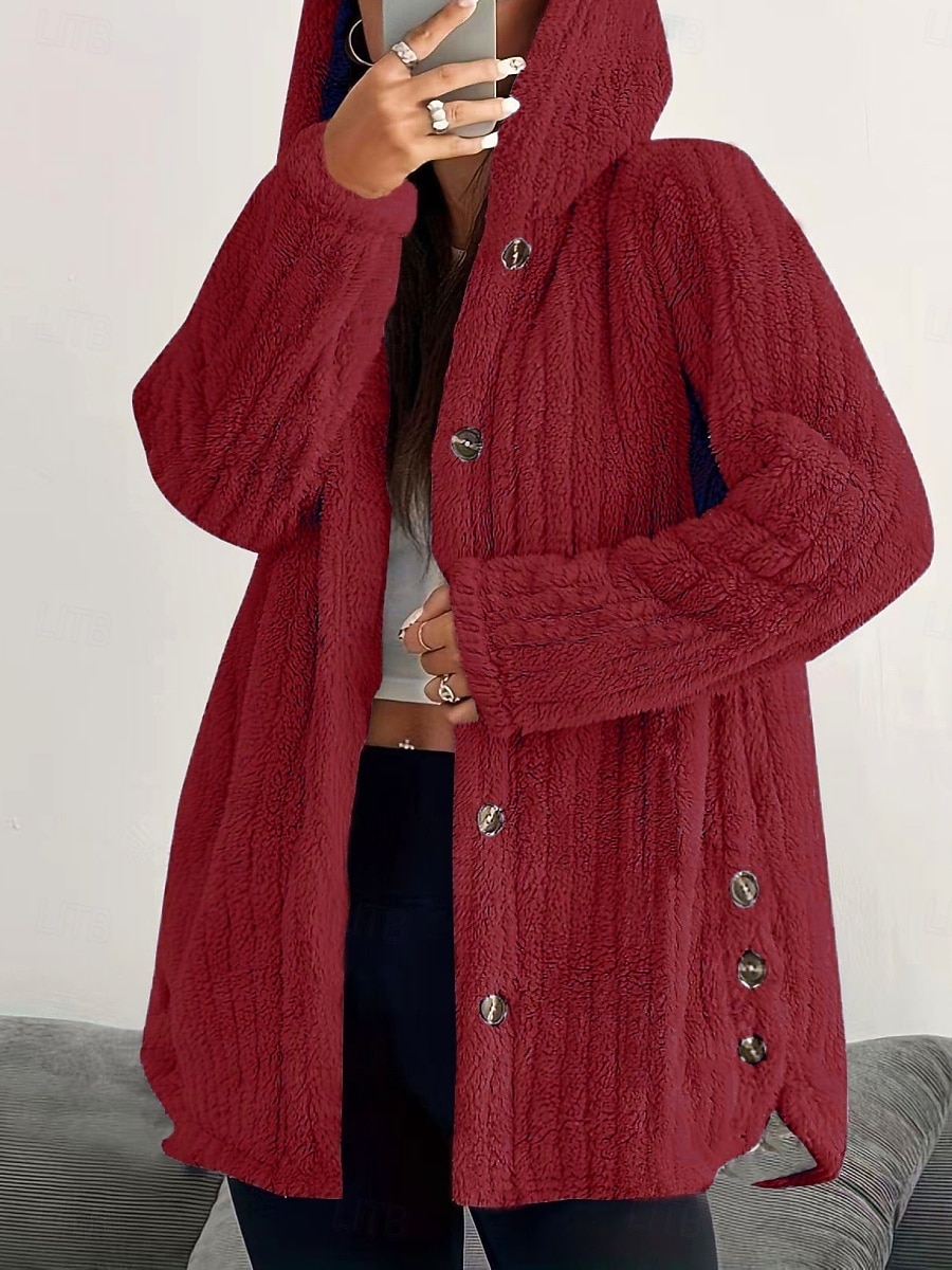 Dam Sherpajacka Bekväm Andningsfunktion Ficka Knappar Ledigt Slät Semester Gata Ledigt Dagliga kläder Enkelknäppt Lång Huva Lös passning Långärmad Ytterkläder Svart Rodnande Rosa Rubinrött Vår Höst 2025 - $33.99 –P6