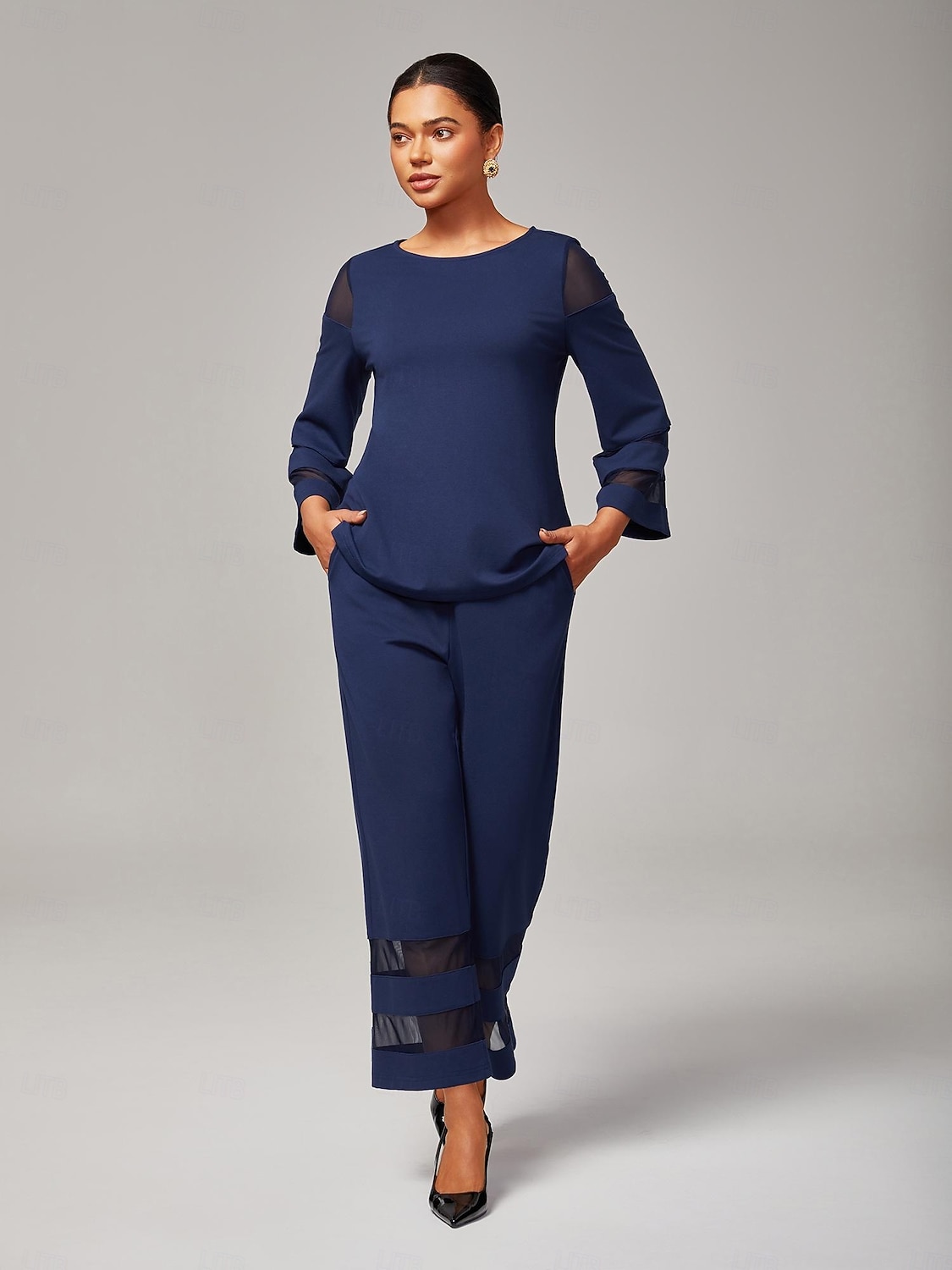 dame marineblå modal chiffon matchende sett tettsittende bluse beskårne bukser elegant stilig komfortabel daglig arbeidskveldsklær høst 2025 - $114.99 –P1