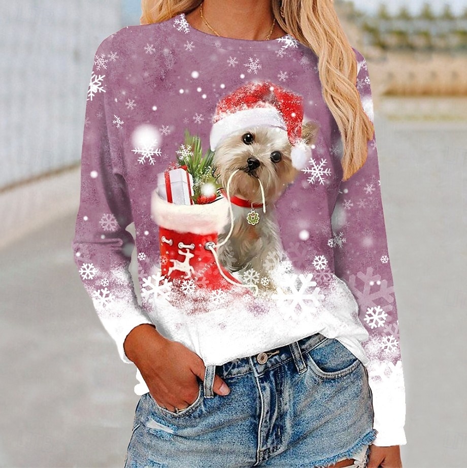 Noël Femmes T-shirt Graphique Chien Noël ancien Mode Élégant manche longue Col ras du cou Col rond Hauts Réguliers Quotidien Week-end Imprimé Bleu Violet Fuchsia Vert Kaki Automne Hiver de 2025 ? $23.99 –P4