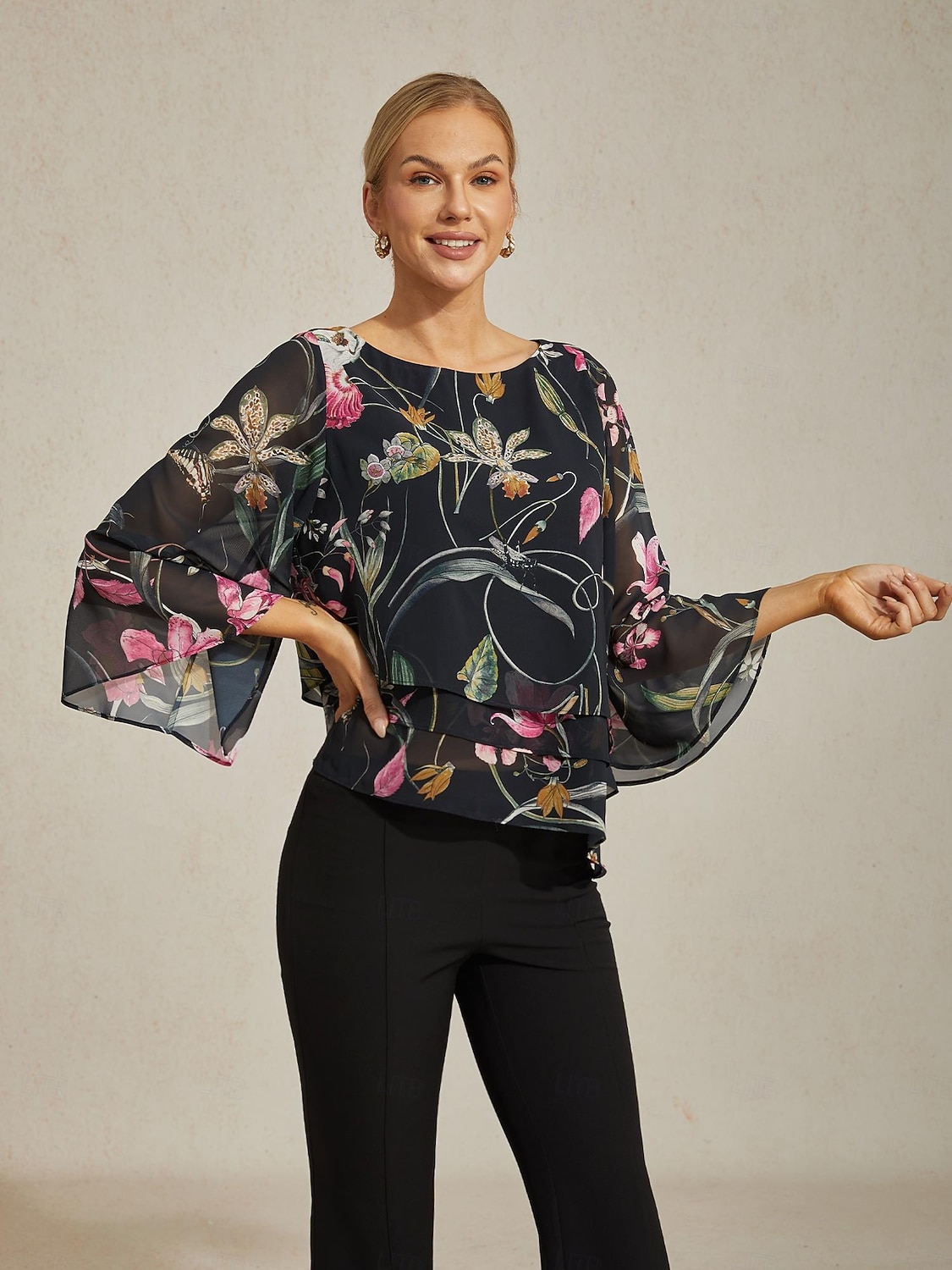 Blusa de mujer negra floral, manga 3/4, suelta, cuello redondo, informal, elegante, para vacaciones, primavera, verano y otoño. 2026 - $15.99 –P1