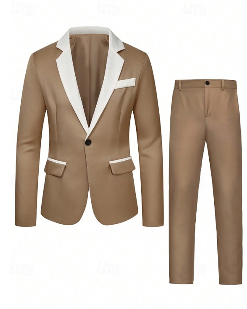 Men's Blazer Suits Business Cocktail Party Wedding Party 2 Piece Fashion Casual Spring &  Fall Polyester Color Block Plain Pocket Buttons Comfortable Single Breasted Blazer Apricot 2025 - $36.99 –P3
