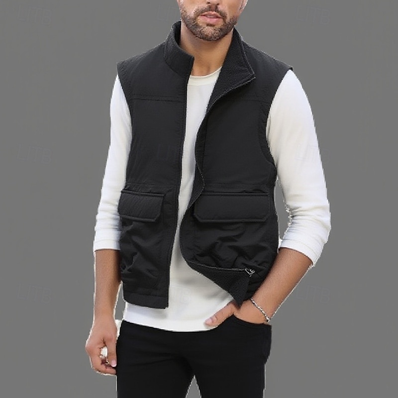 Herren Weste Gilet Angelweste Urlaub Täglich Date Mode Lässig Herbst Winter Tasche Polyester Warm Bequem Einfarbig Reisverschluss Stehkragen Normale Passform Schwarz Khaki Dunkelblau Grau Weste 2025 - $36.99 –P7