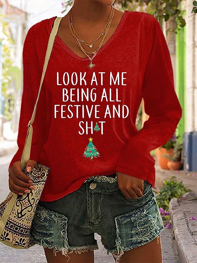 Noël Femmes T-shirt Graphique Arbre de Noël Lettre ancien Élégant Classique manche longue Col en V Hauts Réguliers Quotidien Imprimé Noir Blanche Rose Claire Rouge Vert Printemps Automne Hiver de 2025 ? $10.99 –P1