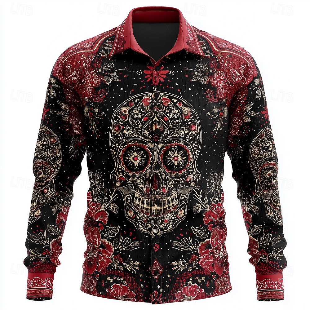 Per uomo Teschio Giorno dei Morti Fiore / Floreale Camicia Camicia con Bottoni Manica Lunga Gotico punk oscuro All'aperto Ferie Estate Primavera Collo ripiegato Stampa 3D camicie con colletto Blu del 2026 a $27.99 –P1