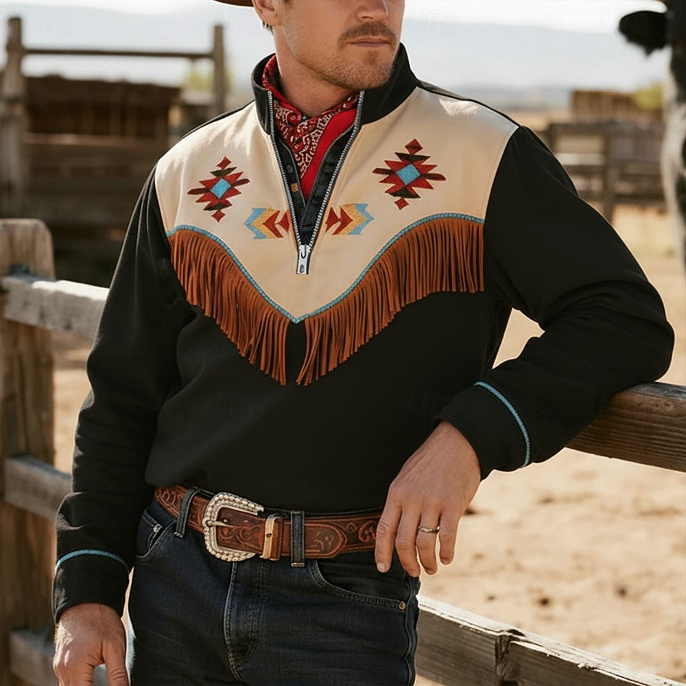 Men's Cowboy Costume Sweatshirt Ethnic Vintage Retro Long Sleeve Stand Collar Outdoor Work Gift Black Brown Khaki Zipper Fall Winter Designer S M L XL XXL XXXL 2026 - $28.99 –P3