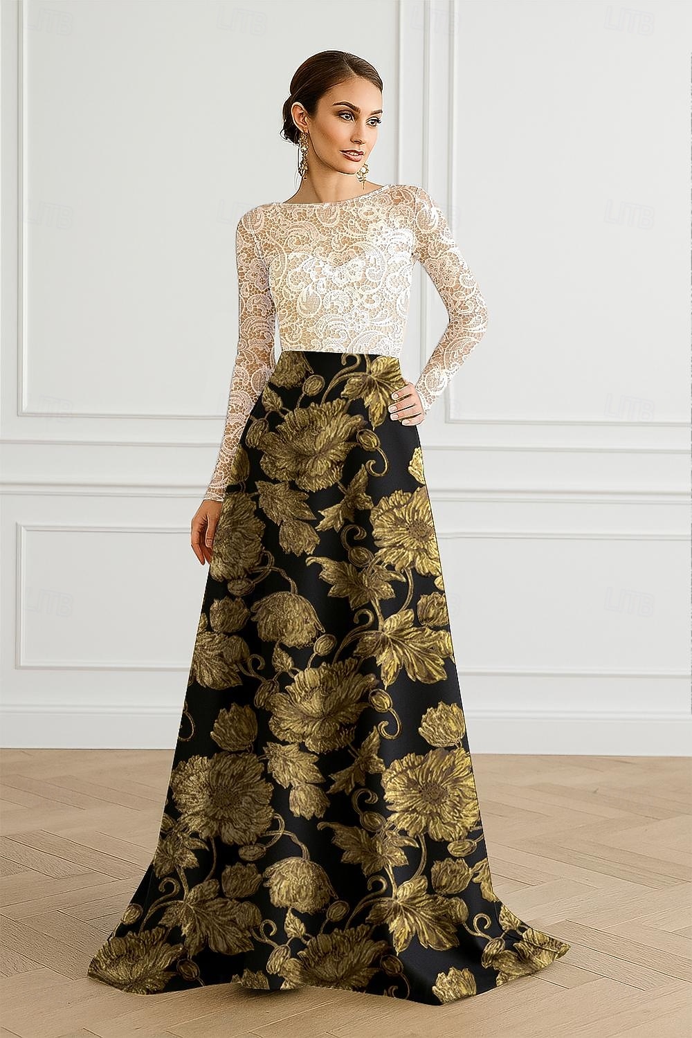 Linia -A Lungime Podea Rochii de bal Rochii de seara Rochie De Bal Rochie formală Elegant strălucitoare Stil Vedetă Manșon Lung Bateau Petrecere în grădină Nuntă Dantelă cu Imprimeu 2026 - $218.49 –P5