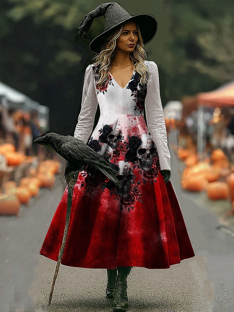 Halloween Per donna Abito maxi Abito a trapezio Vacanza Casual Boho Spiaggia Vestibilità regolare Floreale Grafico Manica Lunga Scollo a V Nero Rosso scuro Vino Rosso Primavera Autunno del 2025 a $35.99 –P4