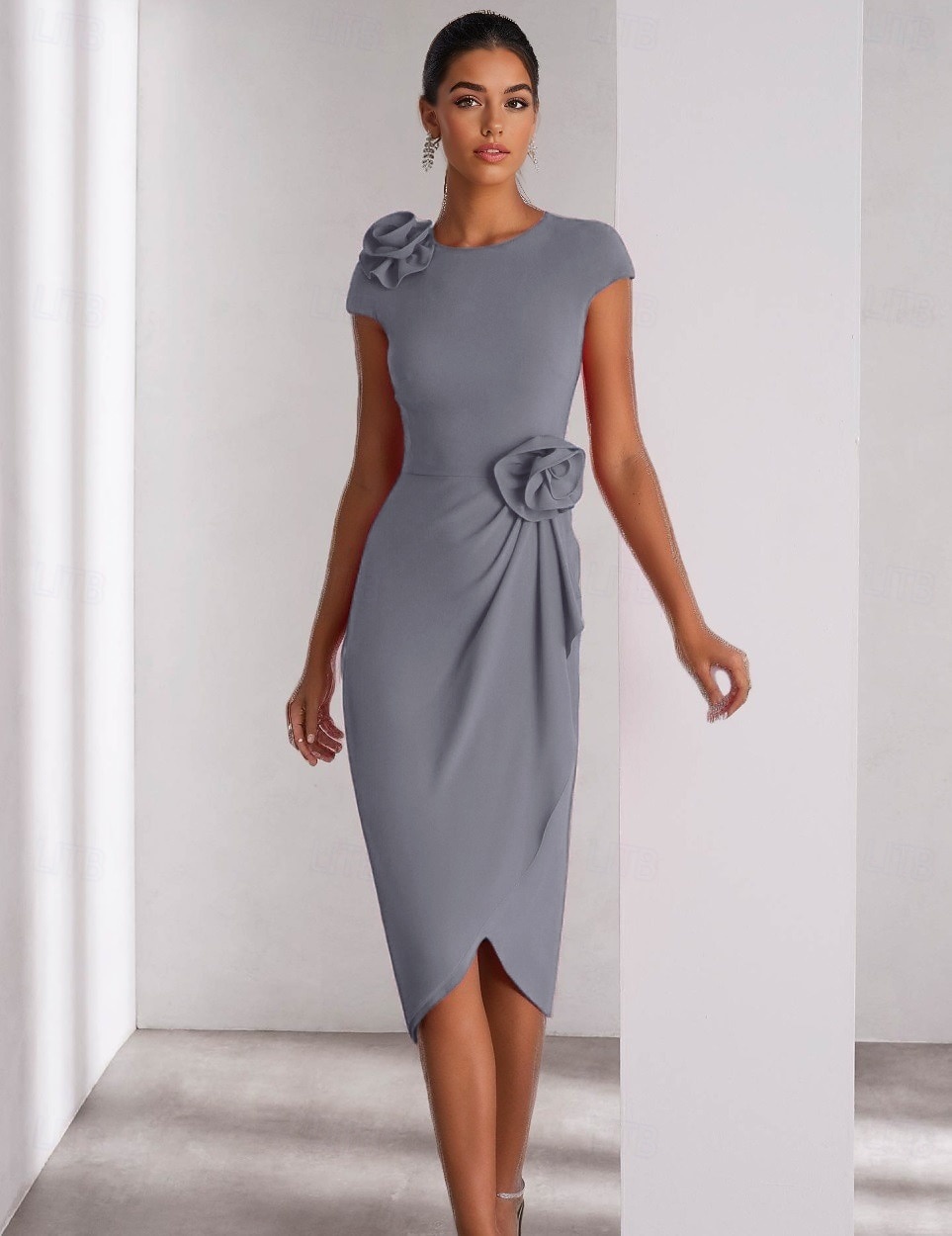 Søyle Cocktail Kjoler Elegant Formell Bryllupsgjest Ankellengde Korte Ermer Crew Hals Stretch Crepe med Skuldre Blomst 2025 - $129.99 –P7