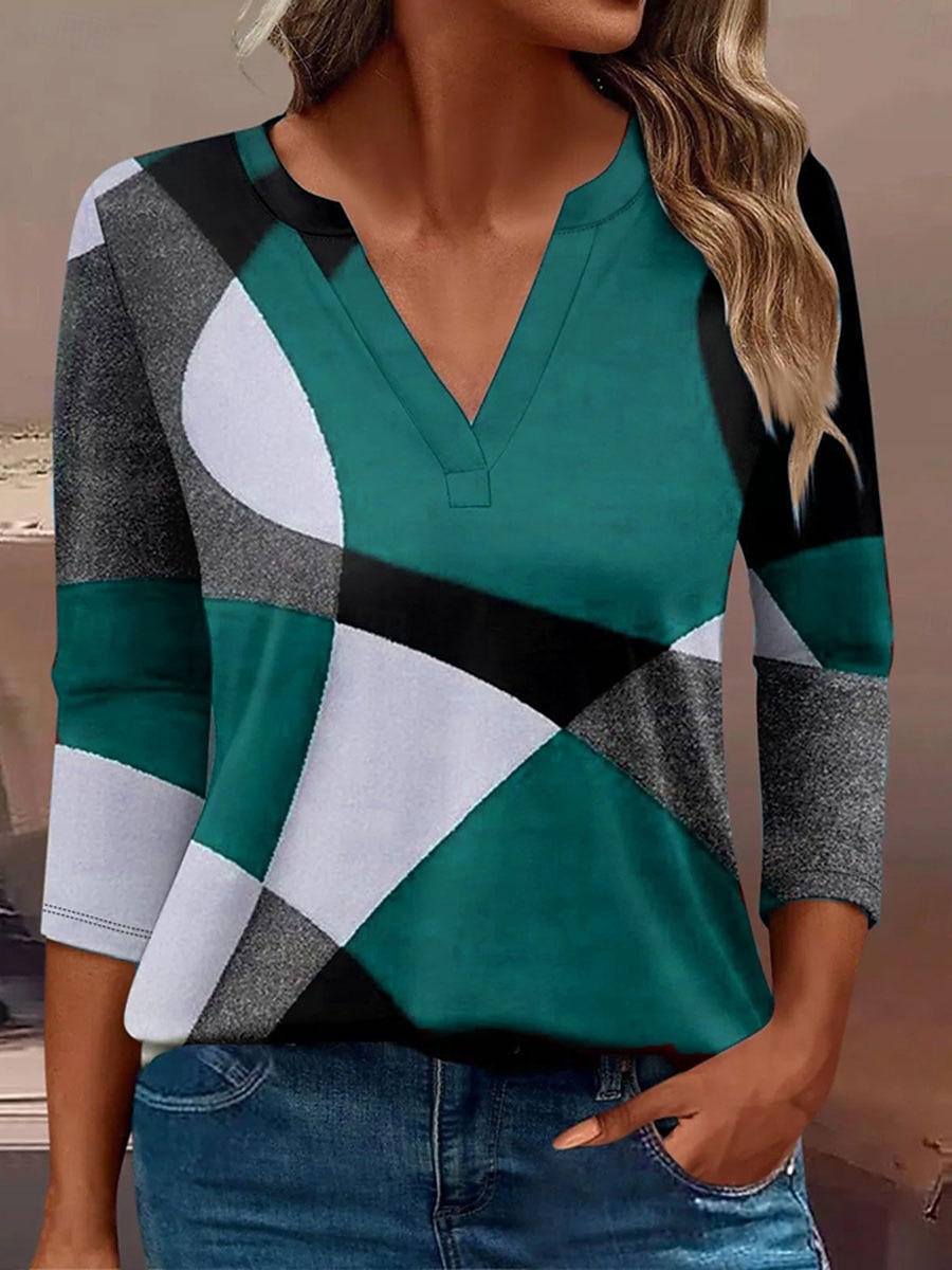 Femmes T-shirt Graphique Géométrique ancien Élégant Classique manche longue Col en V Encolure en V Hauts Réguliers Quotidien Imprimé Rouge Bleu Violet Vert Printemps Automne Hiver de 2025 ? $27.99 –P2