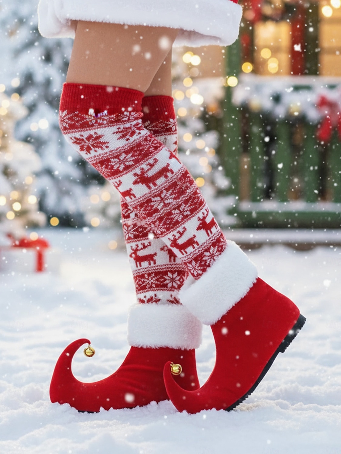 Women's Red Christmas Elf Boots with Curled Toe and Jingle Bells ...