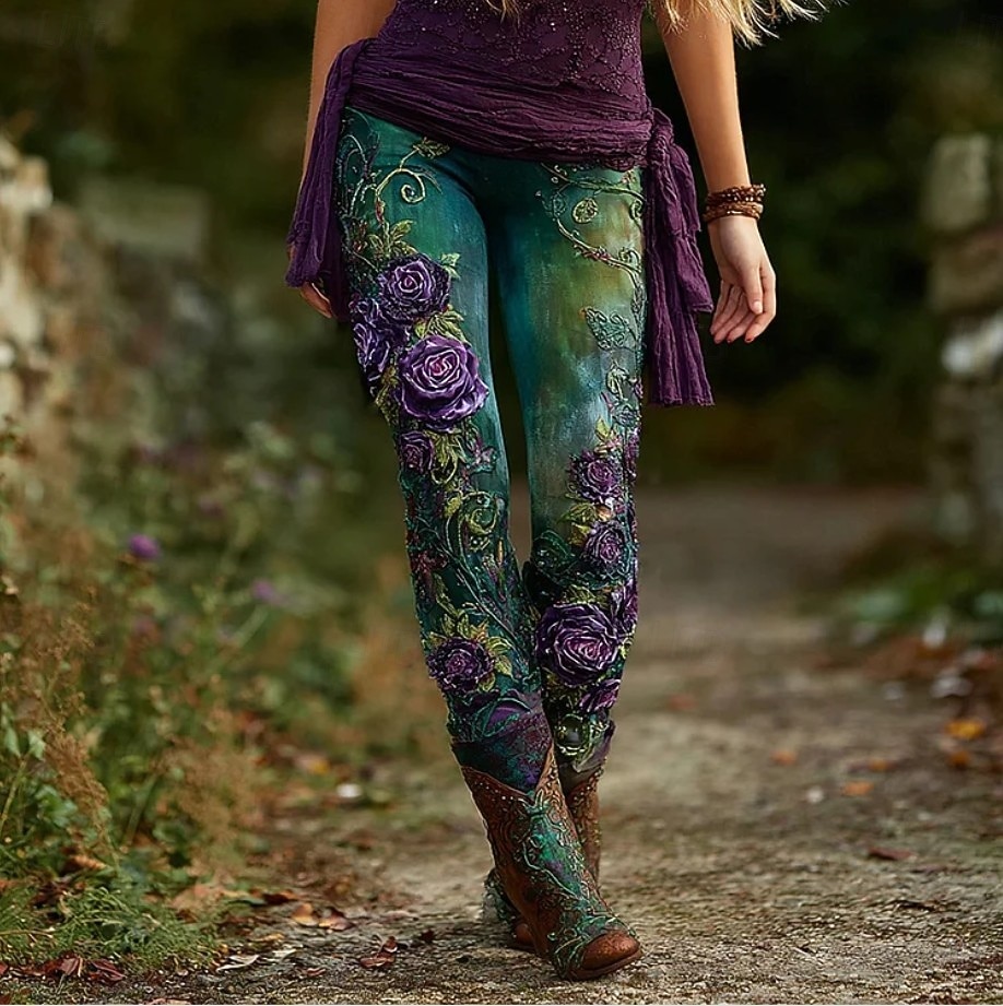 Damen Leggings Urlaub Vintage Mode Volle Länge Hohe Taille Blumen Grafik Blatt Drucken Thermowarm Weich Atmungsaktiv Dehnbar Urlaub Formell Straße Violett Grün Frühling Herbst Winter Schmale Passform 2026 - $21.99 –P3