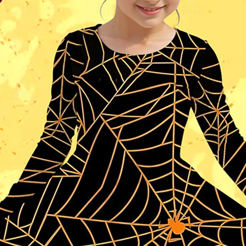 חג ליל כל הקדושים בנות ' תלת מימד גראפי שמלה שרוול ארוך קיץ אביב חופשה יומי חגים נסיכות יפה מתוק ילדים 4-12 שנים שמלת קז'ואל שמלה עם כיווץ במותן עד הברך רגיל 2025 - $16.99 –P2