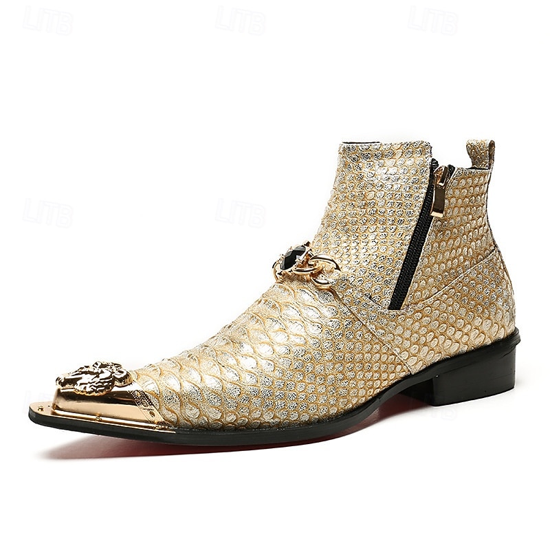 męskie złote, geometryczne buty westernowe z ćwiekami – wyjątkowe obuwie na modne okazje, wydarzenia modowe i specjalne uroczystości 2026 - $159.99 –P2