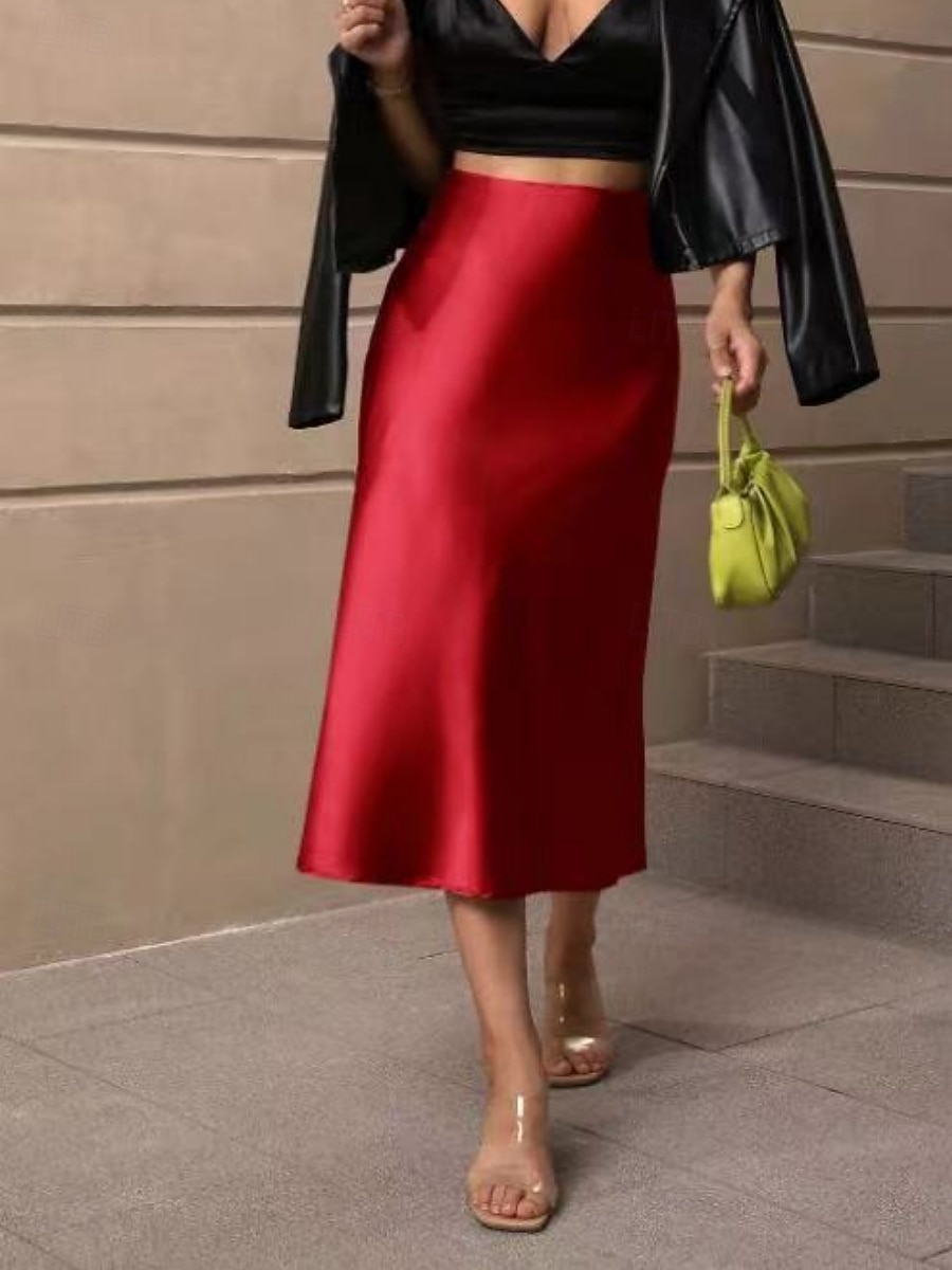 Femmes Jupe Moulant Élégant Mode Midi Taille haute Jupes Uni Micro-Élastique Soirée Rue Noir Vert Véronèse Rouge Marron Printemps Satin Polyester de 2025 ? $22.99 –P4