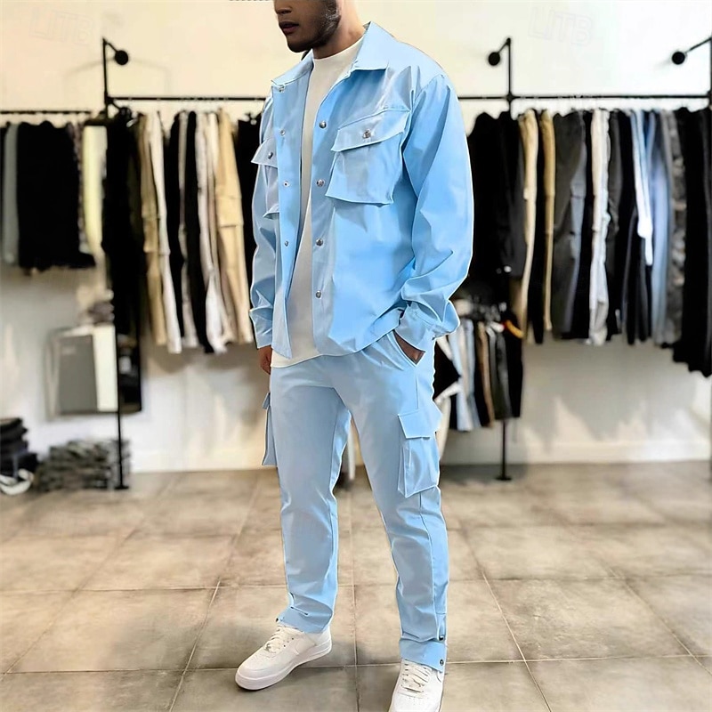 2026年 男性用 軽量ジャケット カーゴジャケット カジュアルジャケット セット バケーション 日常 保温 ポケット 2個 秋 冬 平織り ファッション クラシック ラペル レギュラー ブラック ネイビーブルー スカイブルー カーキ色 ジャケット  コレクション – $61.99 –P2