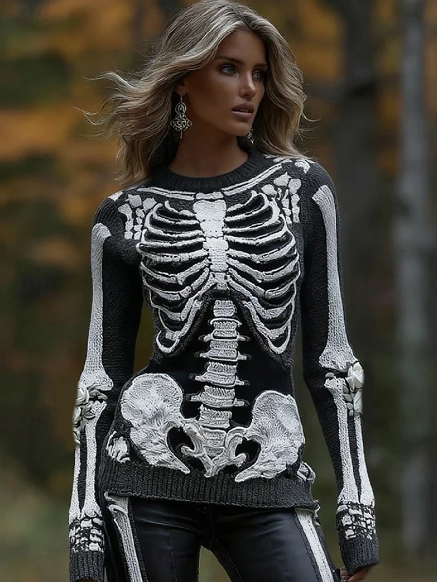 Kvinners Genser Søtt Gateklær Løs Grafisk Skjelett Rund U-hals Patchwork Strikket Lang Erm Vanlige Topp Strikk Svart Rød Høst Vinter 2025 - $29.99 –P1