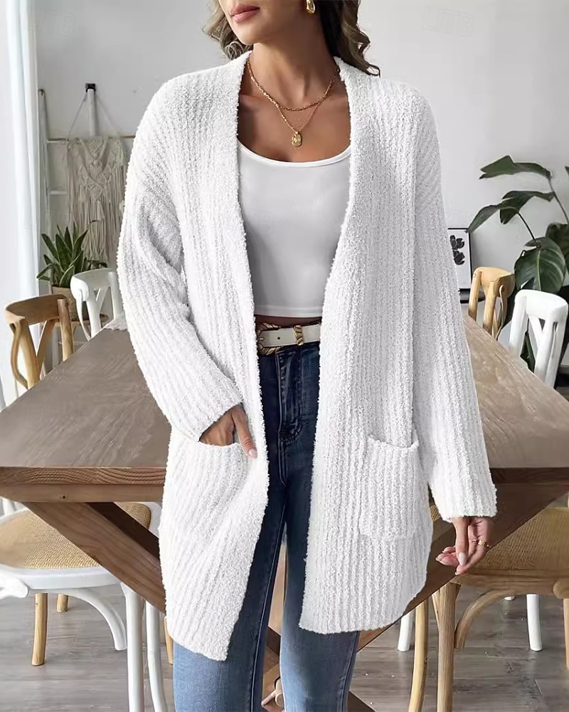 Жен. Вязаная ткань Кардиган Уличный стиль На каждый день Сплошной цвет Открытый перед Карман Трикотаж Длинный рукав Обычные топы Вязать Повседневные На выход выходные Черный Белый Осень Зима 2025 - $39.99 –P12