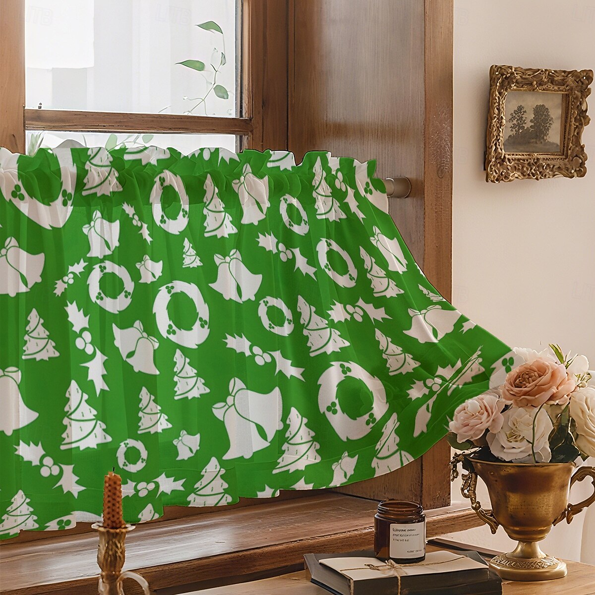 Cortina de cocina corta con estampado multicolor, media cortina de cafetería,  decoración navideña con borde cruzado, poliéster y algodón. 2026 - €14.1, image size:1200x1200