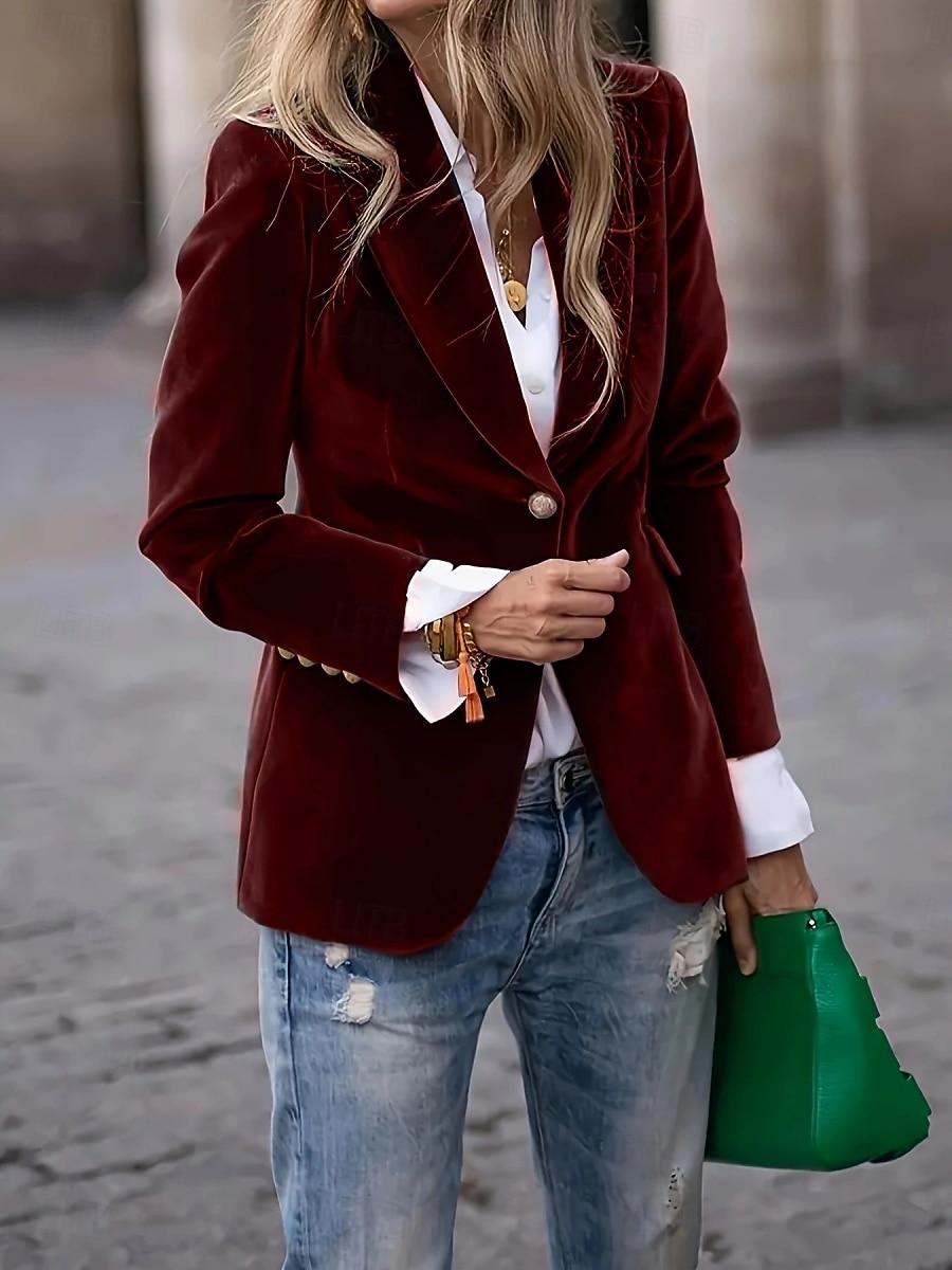 Women's Blazer Comfortable Breathable Pocket Casual Plain Office Street Casual Daily Wear Single Breasted Regular Turndown Regular Fit Long Sleeve Outerwear Navy Black Wine Spring Fall 2026 - $39.99 –P8