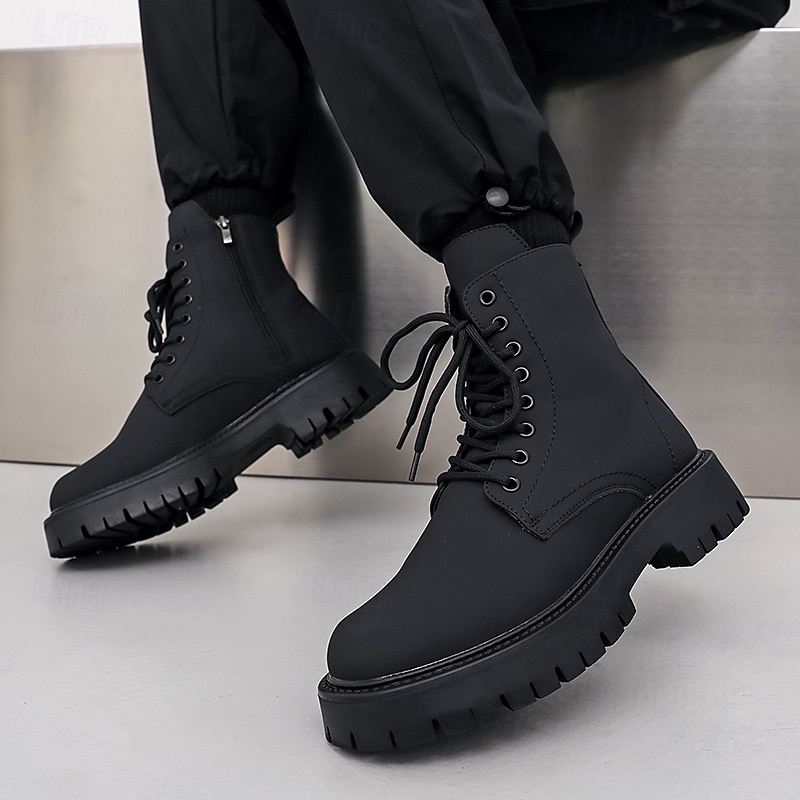 Svarte herrestøvler med snøring og glidelås på siden til kamp, slitesterkt kunstskinn, militærinspirert stil for utendørs-, arbeids- og streetwear-mote 2025 - $59.99 –P11