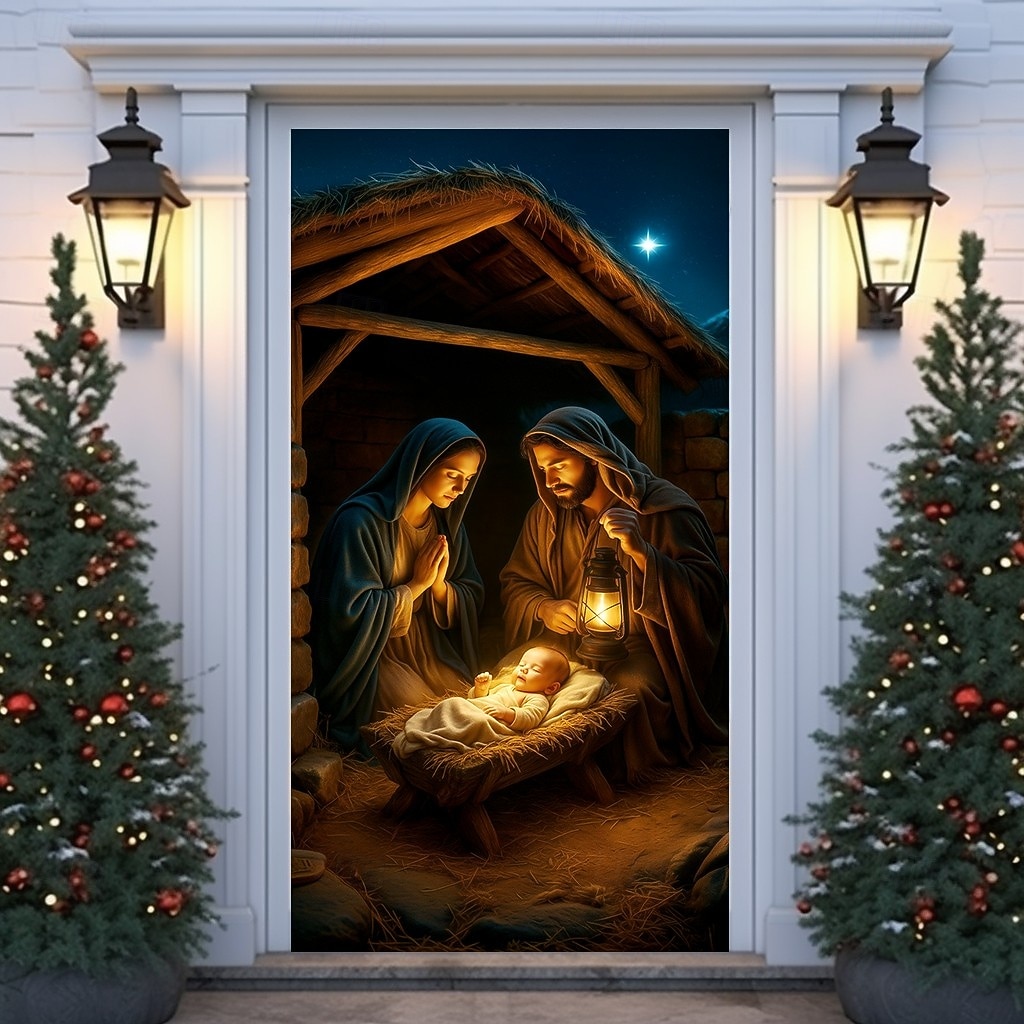 Karácsonyi Ajtófólia Betlehem Színhely Ajtófüggöny Babával és 2025 Karácsonyi Ajtófüggő Ünnepi Party Otthoni Dekorációhoz 2026 - $22.99 –P7
