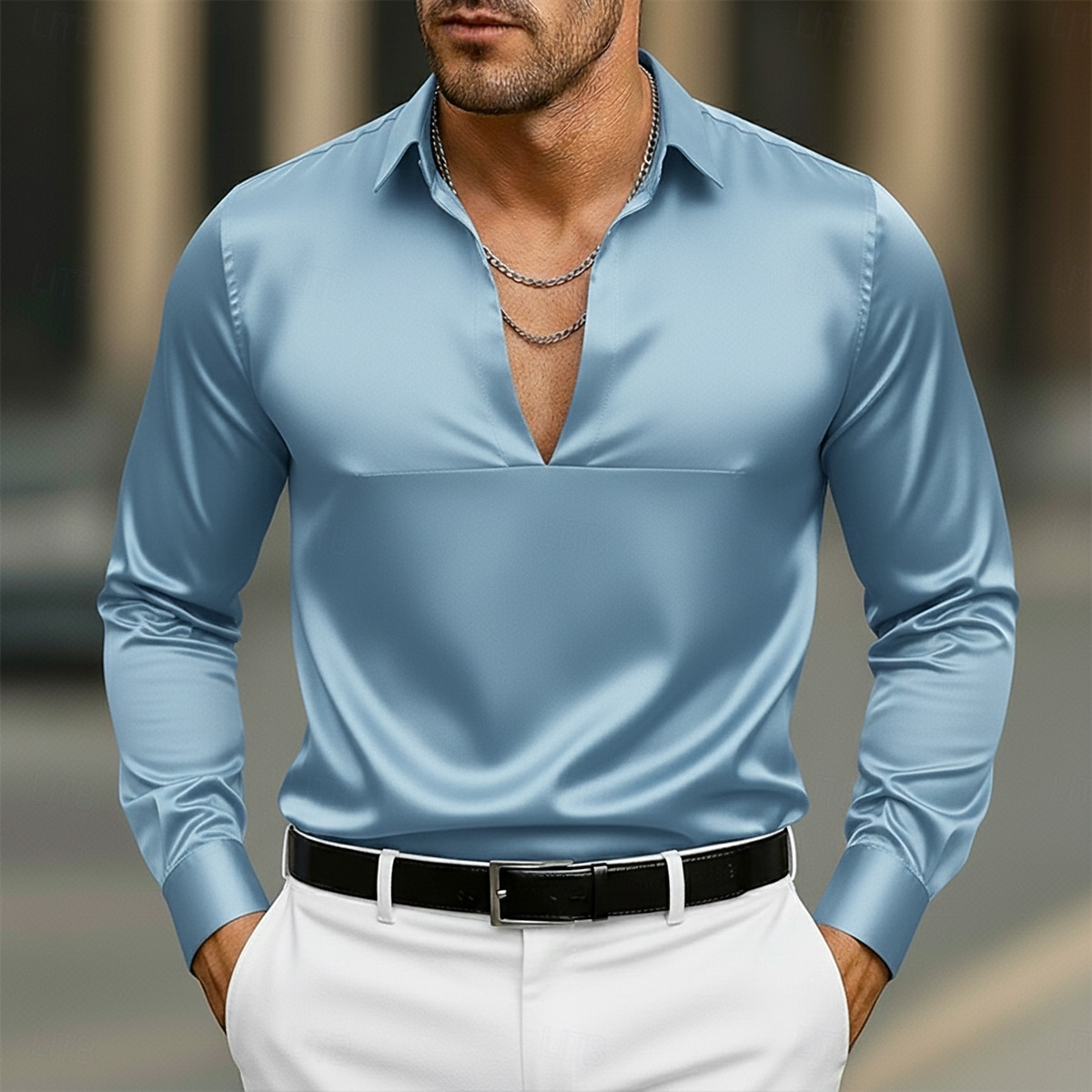 Per uomo Camicia Camicia in raso Camicia elegante Camicia casual Camicia con Bottoni Camicia da Ballo Semplice Formale Matrimonio Blu chiaro Nero Bianco Blu marino Manica Lunga Scollo a V Tutte le del 2025 a $23.99 –P6
