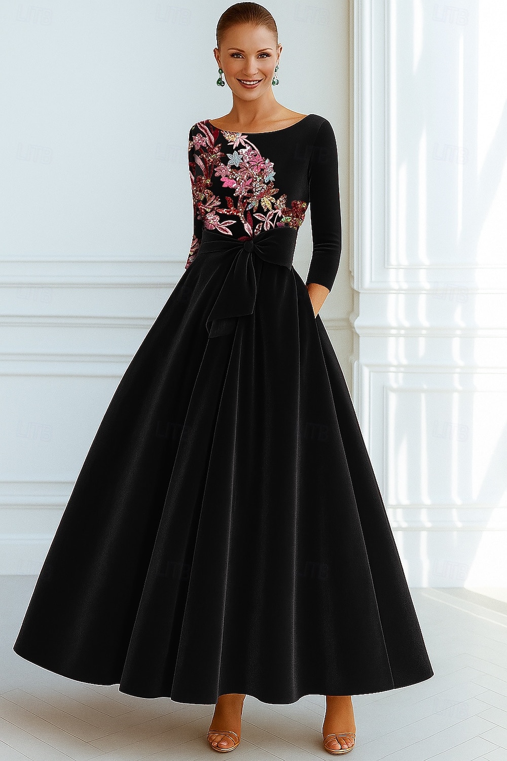 A-Linie Abendkleid Elegant Formelle Kleidung Formell Hochzeit Bodenlang Dreiviertelarm Rundhalsausschnitt Tasche Samt mit Schleife(n) Tasche 2025 2025 - $159.99 –P3